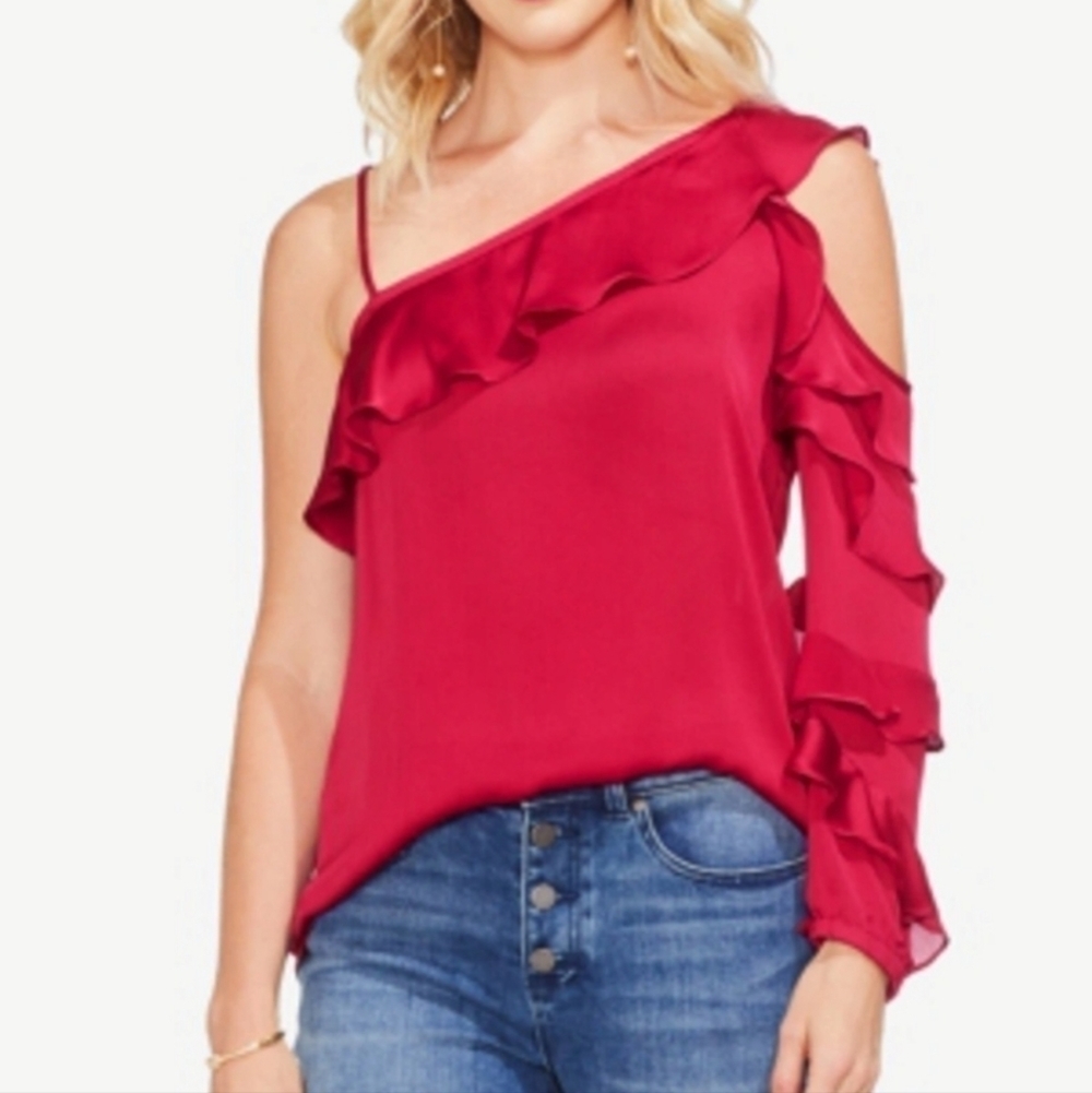 Vince Camuto Asymmetrical Ruffle‎ One Shoulder Blouse In Tropical Red Size M